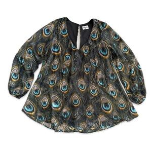 Show Me Your Mumu Peacock Print V-Neck Tunic Dress Women's Size L Green Sheer